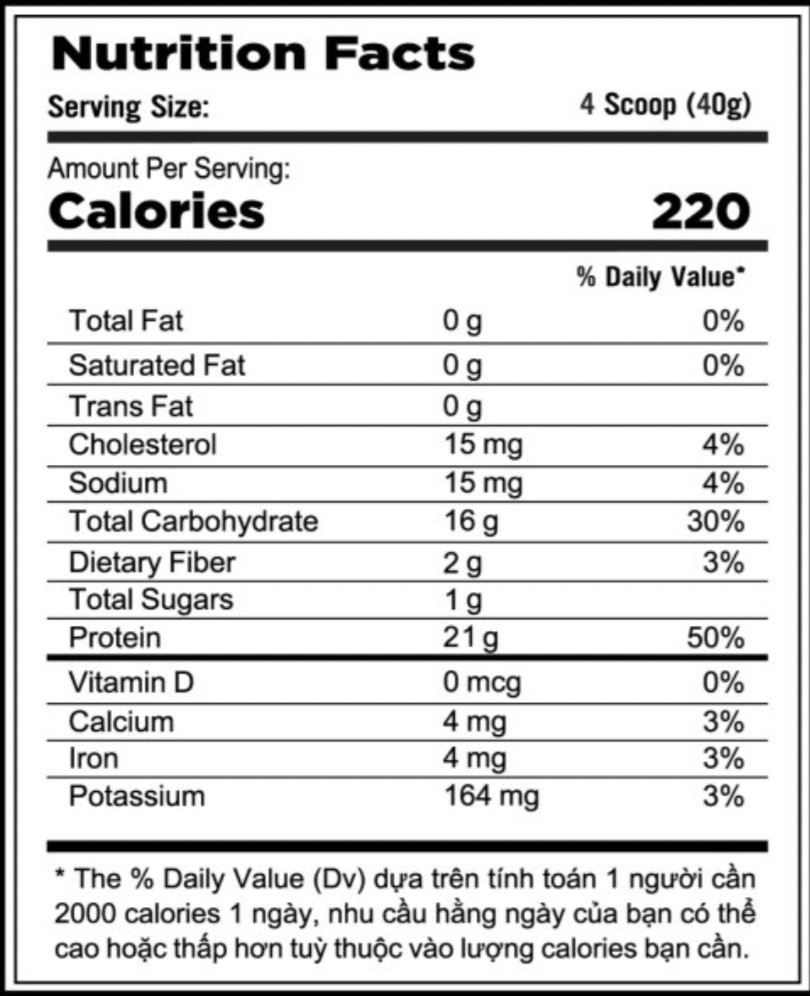 Thành phần dinh dưỡng Organic Whey Protein Tăng cân-tăng cơ N&N - Gói 1Kg